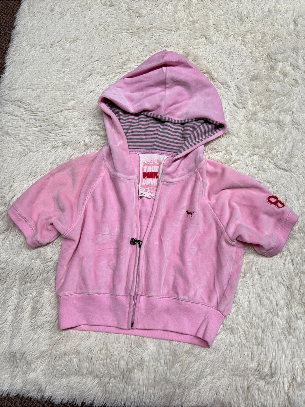 PINK Victoria's Secret Pink Short-Sleeve Hooded Full Zip Jacket Y2K Vintage - Picture 2 of 11